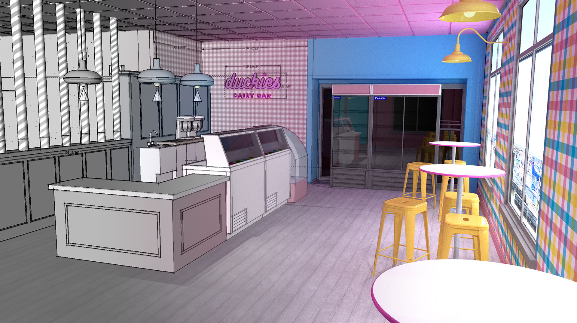 3D render of the interior of Duckies Dairy Bar