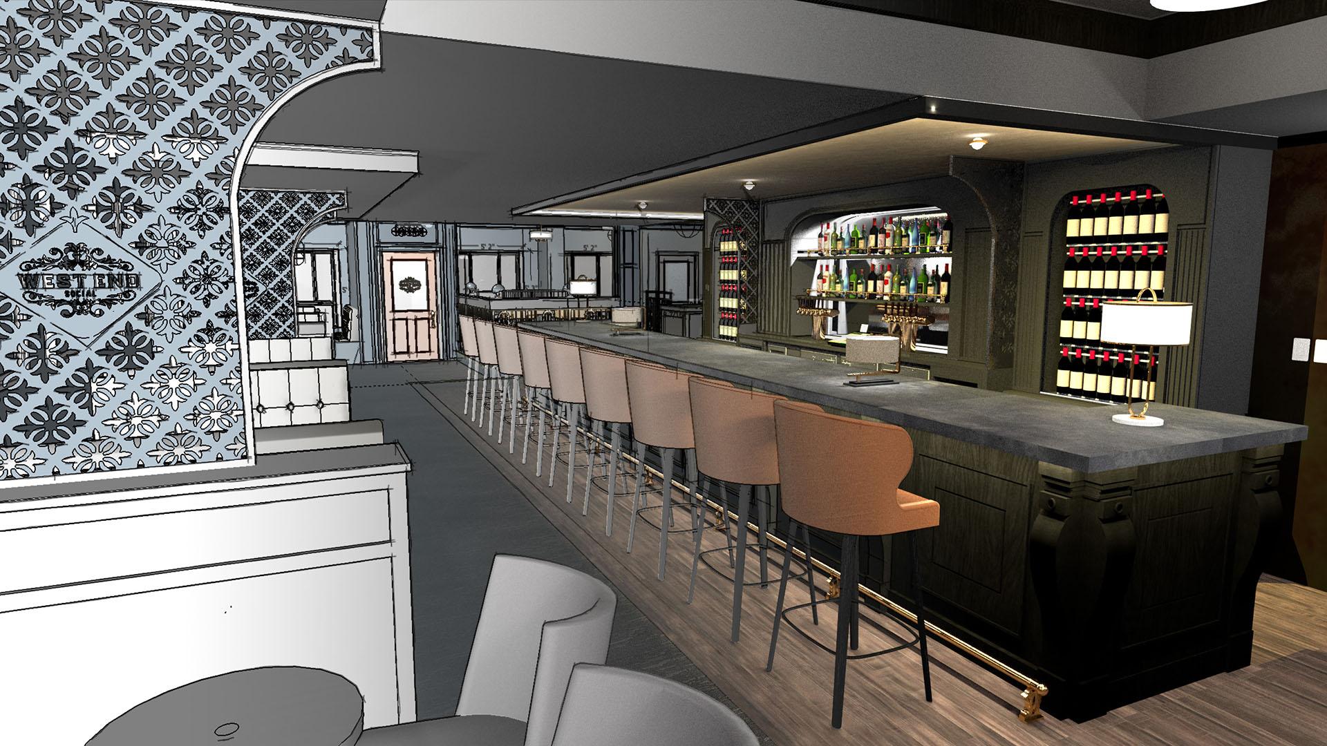 3D render of the interior of West End Social