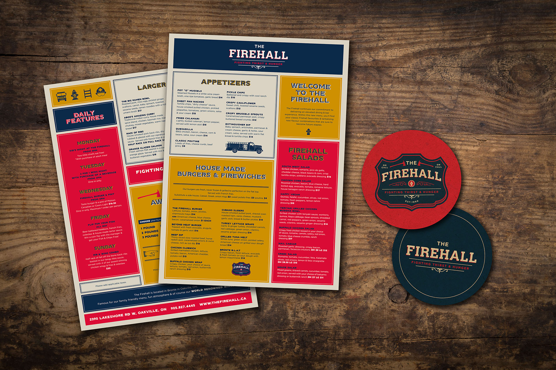 Menus for the Firehall and coasters on top of a wooden table